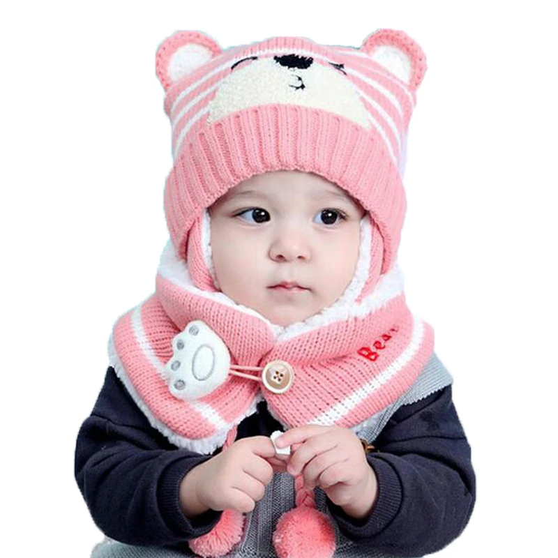 

Unisex Child Beanies Cap Set Baby Kids Cartoon Design Stripe Knit Add Velvet Hat and Scarf Winter Warm Suit Set MZ5187