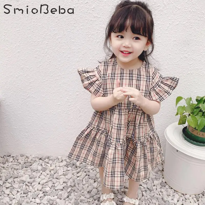 

Cute Children 6 Years Girls Dress Summer Short Sleeve Outwear Girl Plaid Flying Sleeve Dress For 2019 Children's Designer Dress