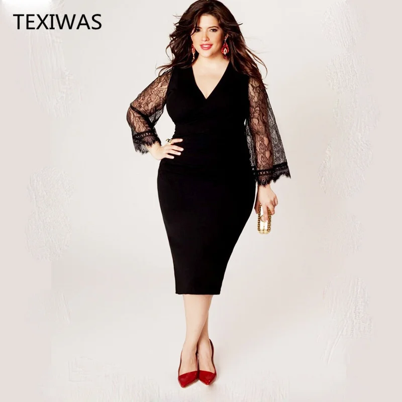

TEXIWAS Plus Size L-6XL Summer Dress Women Causal Chiffon black Print Lady V-Neck Lace Dresses Women Chiffon A-line Dress