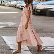 ZANZEA, летнее богемное платье с v-образным вырезом, коротким рукавом, оборками, Vestido, женское элегантное платье для работы, Женский однотонный праздничный сарафан, халат, туника