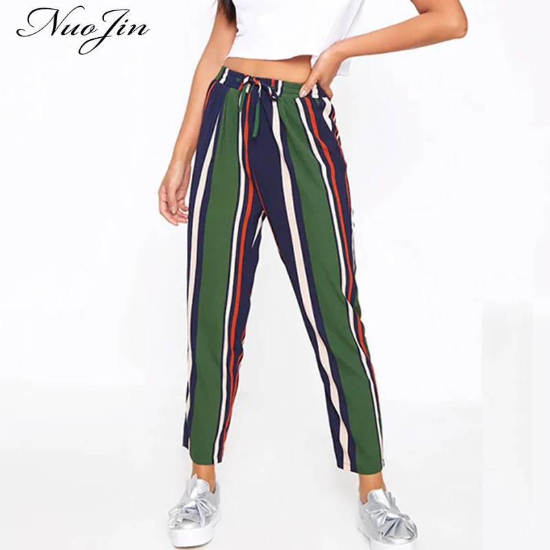 Nuojin Verde A Rayas Verticales Pantalones Harem Mujeres Cordon