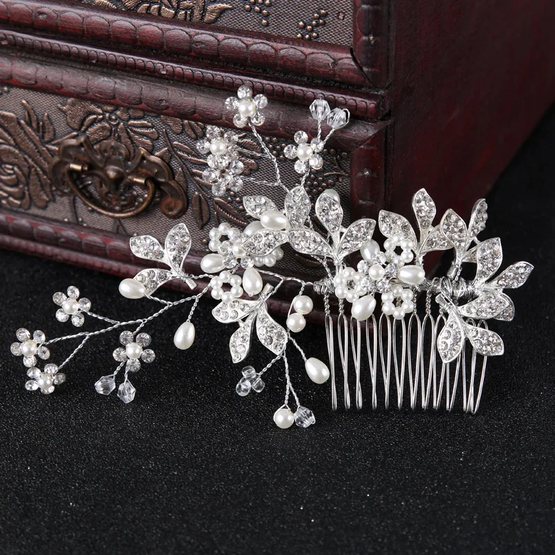 

Fashion Silver Flower Leaf Crystal Beads Rhinestone Hair Comb Headpieces Bride Tiara Wedding Bridal Hair Jewelry Accessories SL