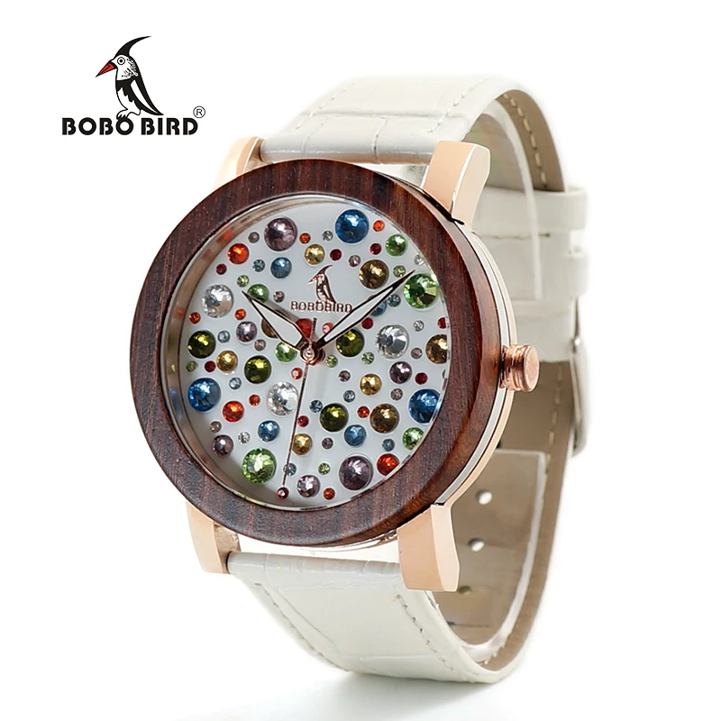 

BOBO BIRD V-J04/J05/J06 Wooden Watches Ladies Quartz Wristwatch Diamond Dial Watch with Leather Strap