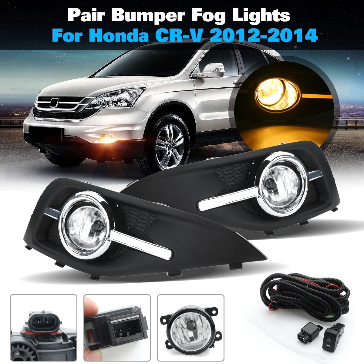 for Honda CRV 2012~2014 Fog Light 12V 55W 1Pair Front Left Right Bumper Fog Light Lamp Grilles w/ Harness Bulb Replacement for Honda CRV 2012~2014 Fog Light 12V 55W 1Pair Front Left Right Bumper Fog Light Lamp Grilles w/ Harness Bulb Replacement