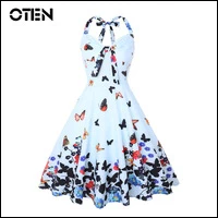 IHOT-Summer-Clothes-Women-Halter-butterfly-flower-print-bowknot-pin-up-Rockabilly-Feminino-Vestidos-1950s-flared