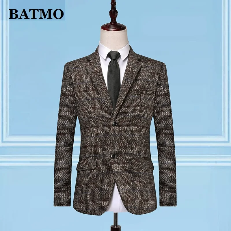 Batmo Новое поступление, высококачественный однобортный повседневный мужской блейзер в клетку, пиджак в деловом стиле для мужчин, клетчатые куртки, большие размеры M-3XL X07 - Цвет: brown