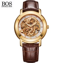 ANGELA BOS Chinese Dragon 3D Carving Gold Skeleton Automatic Mechanical Watch Mens Luxury Watch Men Famous Brand Wrist Watches