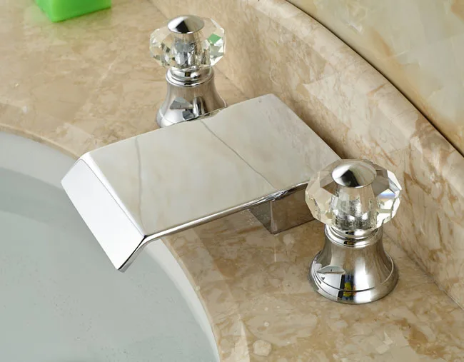 Chrome Brass Waterfall Basin Sink Faucet Dual Handles 3pcs Bathroom Bathtub Mixer Taps Deck Mount Chrome Brass Waterfall Basin Sink Faucet Dual Handles 3pcs Bathroom Bathtub Mixer Taps Deck Mount