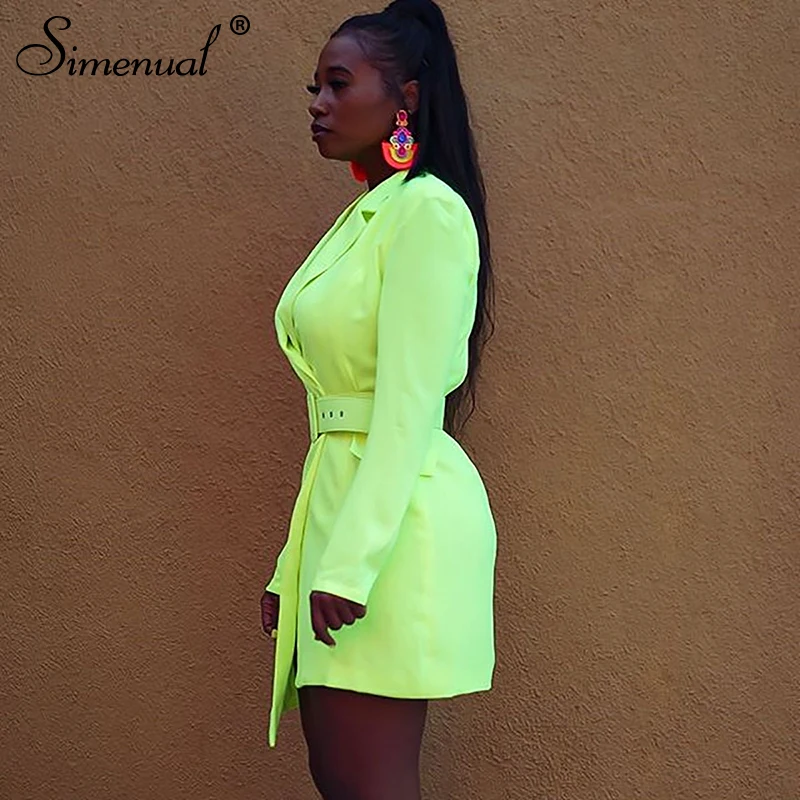 Simeual Slim Neon Green Womens Blazers Long Sleeve Elegent Solid Sashes Jackets 2019 Autumn Fashion Ladies V Neck Long Blazer