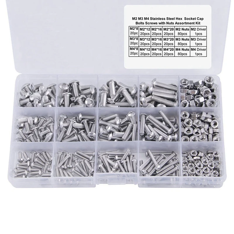 

480Pcs Button Head 12 Sizes Screw And Nuts Kit,M2 M3 M4 Steel Assorted Hex Socket Head Cap Bolts Screws Nuts Assortment Set Ki