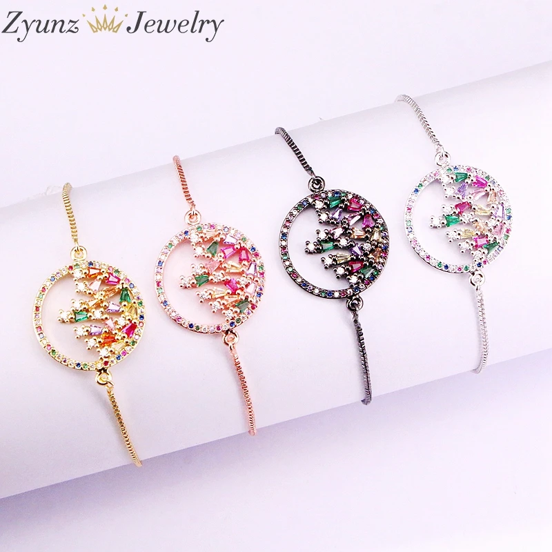 

10PCS, Fashion Micro Pave CZ CharmCrystal Round Shaped Bracelets Rainbow Zirconia Colorful CZ Adjustable Slide Chain Bracelet