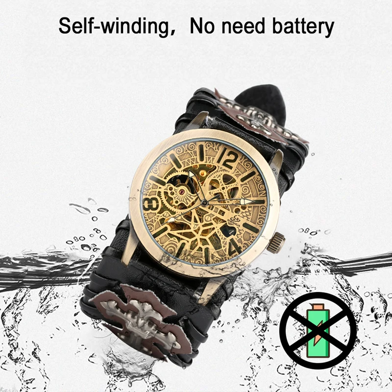 

Cool Punk Bracelet Mechanical Watch Mens Automatic Wristwatch Skeleton Tevise Cross Style Genuine Leather Strap Men Xmas Gift