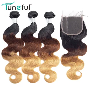 

Ombre Bundles With Closure T1B/4/27 Remy Human Hair With Closure Peruvian Body Wave Colored Bundles With Closure
