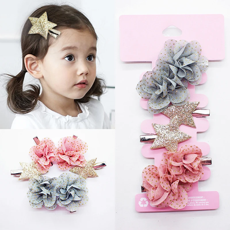 

6PCS/Set Exquisite Fashionable Graceful Girls High Quanlity 2018 New Children Chiffon Glitter Flowers shining five-point star
