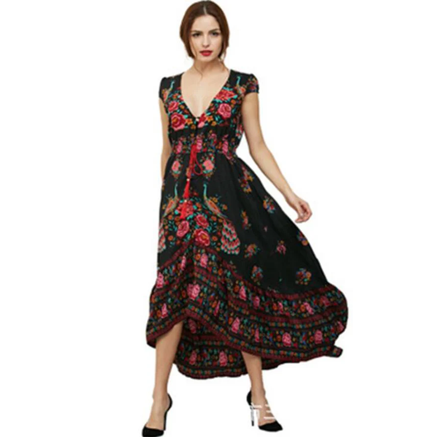 New Printed Chiffon Short-sleeved Lady's Dress Sexy European & American Fashion Bohemian Style Vogue Women's Clothing Dress