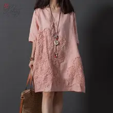 Весеннее новое поступление женское модное платье с короткими рукавами и круглым вырезом из хлопка и льна, свободное платье с вышивкой, винтажное платье Vestidos 188