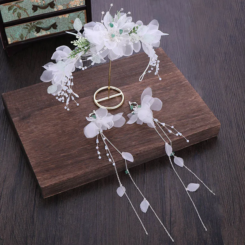 

FORSEVEN White Yarn Flower Crystal Beads Long Tassel Hairband Earrings Set Bridal Jewelry Sets Women Wedding Hair Accessorie JL
