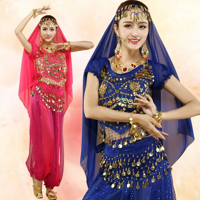 

4pcs Woman Belly Dance Costume Indian Dancer Dancing Women Set Costume Bellydance Wear Tribal Chiffon Suit Dress Clothes