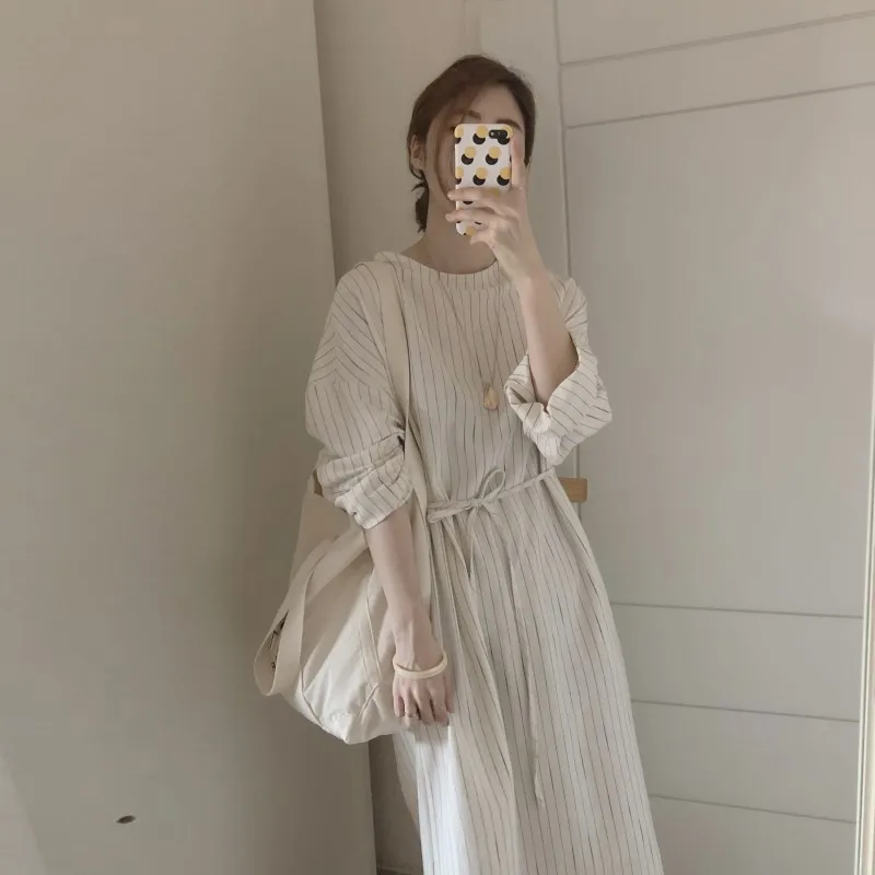 

Women Summer Cotton Linen Striped Long Dress with Belt Female Pullover Loose Waist Zipper Plus Size Vestidos Robe Femme Ete 2018