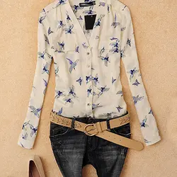Для женщин элегантные летние шифон Товары для птиц топ с принтом Повседневное рубашка с длинными рукавами Блузка
