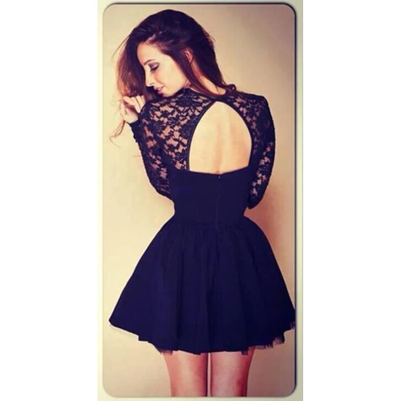 2016 Women Autumn Dress Sexy Black Lace Flower A Line Dress Long Sleeve Party Backless Mini Dresses Hot Sale Women's Clothing (6)