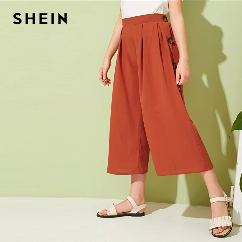 SHEIN Kiddie Girls Solid Button Side Pleated Palazzo Casual Pant Kids Bottom Summer High Waist Teenagers Loose Pants