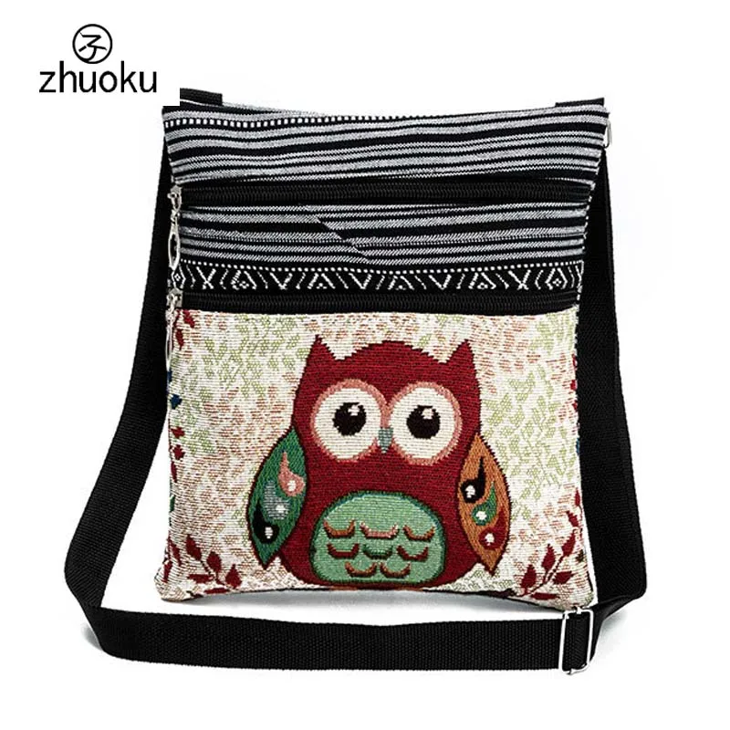 

15-25 days to Moscow Female handbag Two Zipper Mini Small Shoulder bags Cartoon Owl Printed Canvas Bags Women Messenger Bags T45