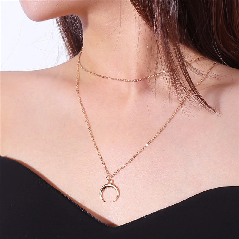 

Ailodo Boho Necklace For Women Vintage Gold Silver Chain Long Moon Statement Necklace Pendant Bohemian Choker Jewelry LD199