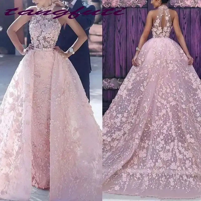 Illusion Pink Prom Dresses High Neck Lace Applique Detachable Train