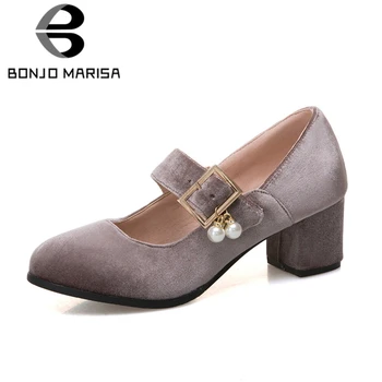 

BONJOMARISA New Fashion Mary Janes Solid Buckle Strap Square Med Heels Shoes Woman Casual Spring Autumn Pumps Big Size 34-43