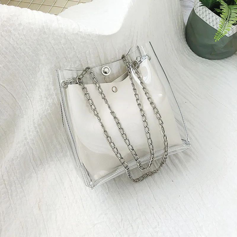 Women Small Bucket Bags Plastic Transparent Totes Composite Chain Bag Female Mini Jelly Handbags White