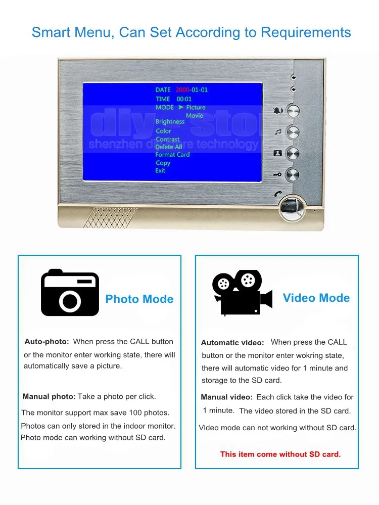 DIYSECUR Запись Видео/Фотография 7 дюймов Проводной Видео Домофонные Интерком Системы Домашней Безопасности RFID Камеры Ночного Видения СИД