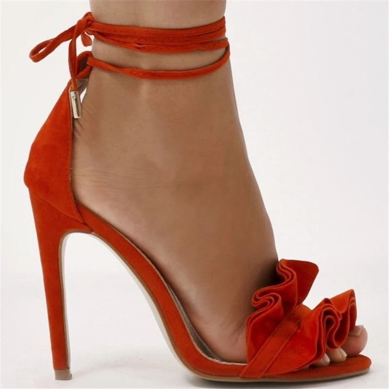 Sugar-Ruffle-Lace-Up-Barely-There-Heels-in-Orange-Faux-Suede