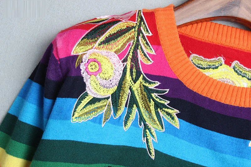 Свитер для подиума, зимние женские свитера с цветочной вышивкой, свитер в радужную полоску, вязаный Повседневный пуловер с тигром, джемпер для женщин