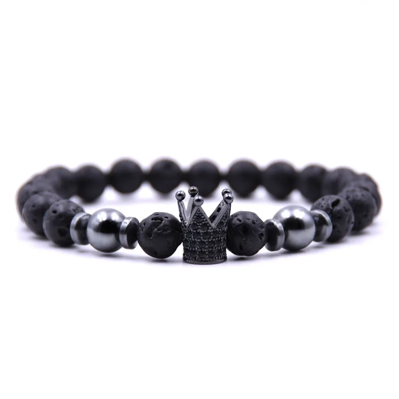

KANGKANG 2018 New Summer Style Natural Stone Beads Bracelet Women Men mosaic Zirconia black Crown Bead Stretch Bracelets Bangles