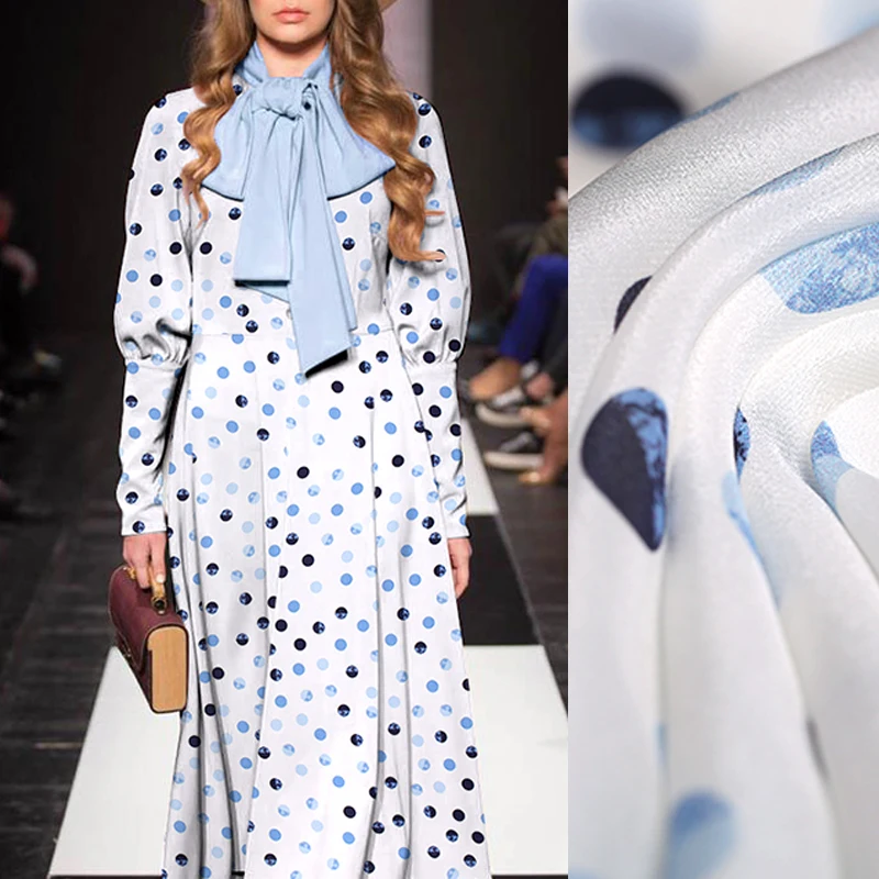 

137CM Wide 16MM Polka Dots Print White Silk Crepe de Chine Fabric for Summer Dress Jacket Pants E1029