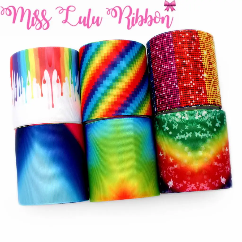 

16mm-75mm Rainbow Gradient Color Waves Galaxy Printed Grosgrain/Elastic Ribbon DIY Hair Bowknots Party Decor 50yards/roll