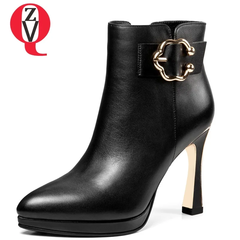 

ZVQ women shoes 2018 winter new fashion sexy pointed toe super high thin heels platform zip genuine leather office ankle boots
