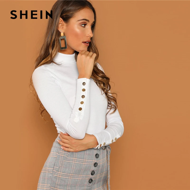 SHEIN Облегающий Топ С Длинным Рукавом Однотонная Водолазка Декоративными