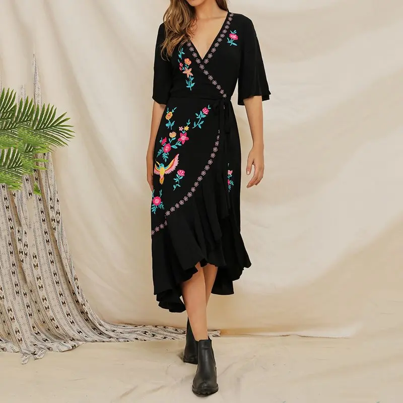 

Summer Black Chic Boho Sweet Elegant Party Sexy Women Midi Dresses Embroidery Animal Plant Sweet Cotton Female Fashion Dress