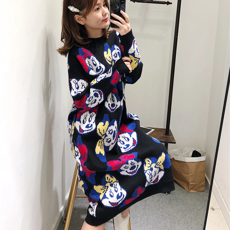 7Mang свитер с мультяшным микком женский длинный рукав длинный черный свитер платье корейский Свободный Harajuku Kwaii вязаный пуловер 0102