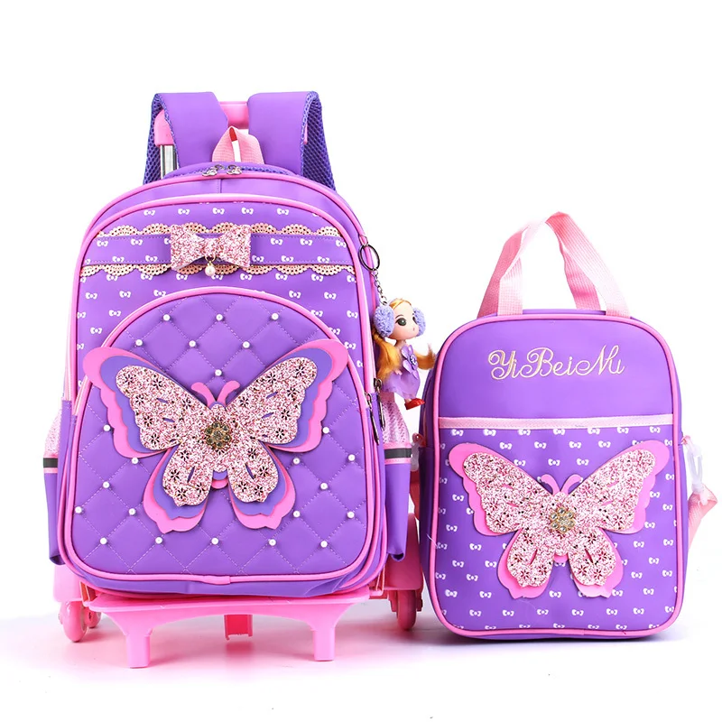

Kid Trolley School Bag Shining Butterfly Children Wheeled Satchels Detachable Design Multifunction Girl School Bag With 3 Wheels