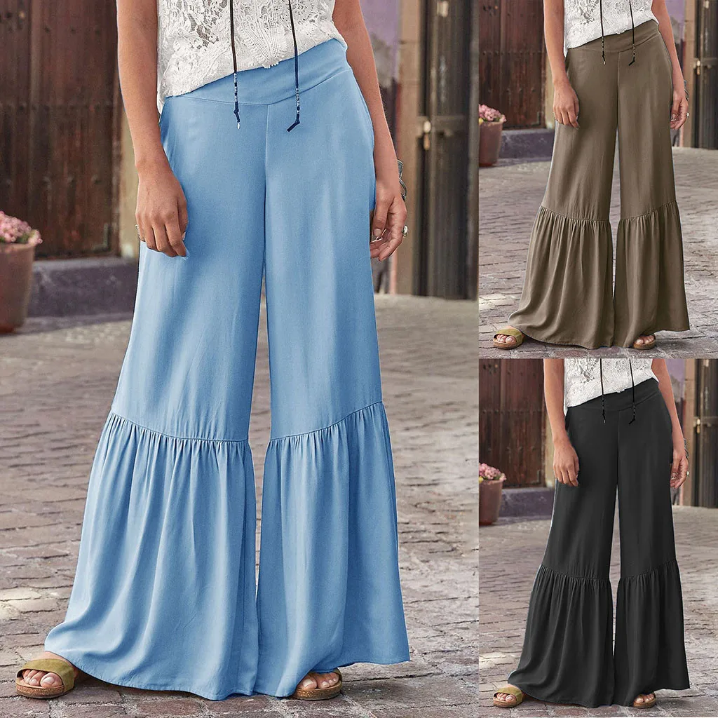 

2019 summer Women Sexy Fashion Pants Solid High Waist Pants Casual Beach Pants high quality Ruffles Full Length W506