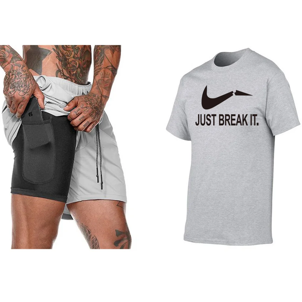 

Summer High quality men t shirt brand casual print men T-shirt+New mens 2 in 1 Sports Shorts Built-in pocket zipper Shorts suit