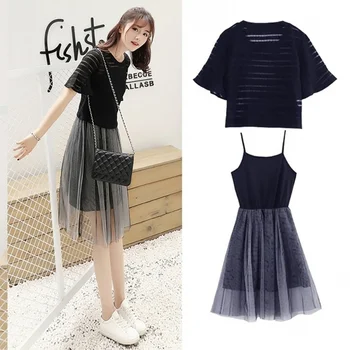 

2019 Spring Summer Dress Two Piece Set Womans short Sleeve Solid Short Shirts+ Sling Vest Bottom Skirt Vestidos