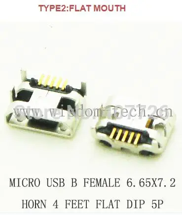 

10pcs/lot Phone socket B type female 5P Micro USB socket connector 6.65*7.2 Big horn DIP FLAT MOUTH