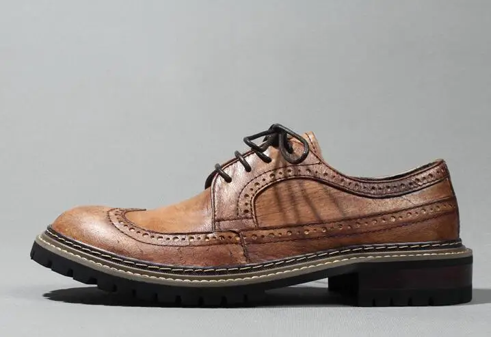 

New vintage leather shoes men's shoes Old English leather shoes outdoor loafers block brogues with thick soles