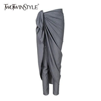 

GALCAUR Patchwork Pants For Women Lace Up High Waist Striped Zipper Long Trousers Large Size Spring Fashion Casual Clothing