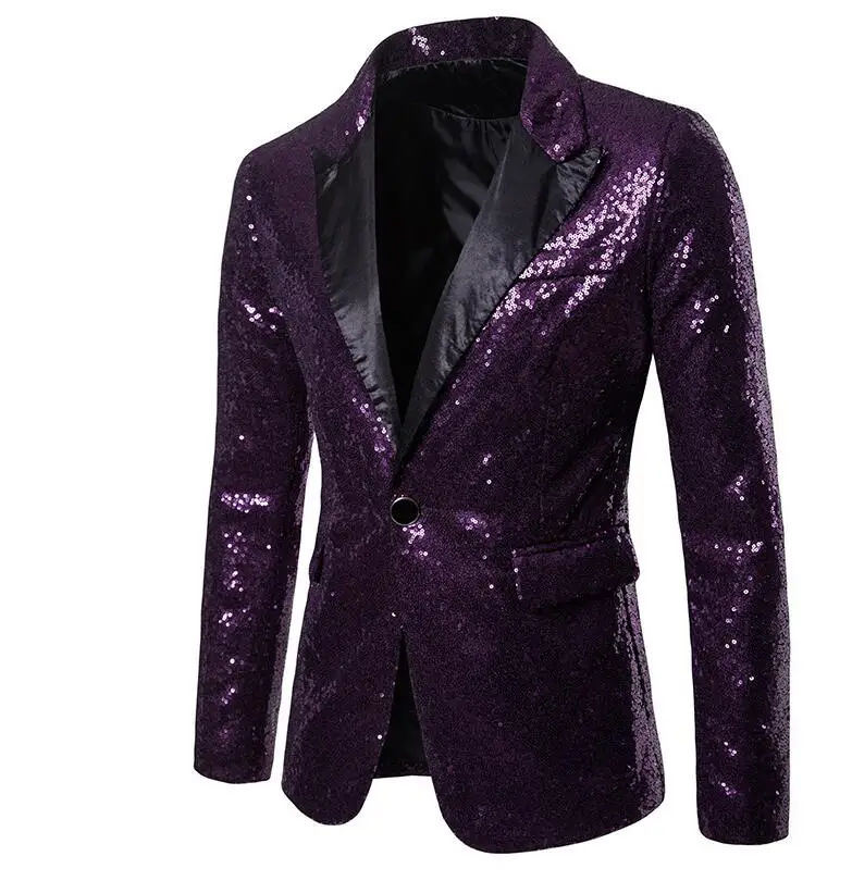 Фиолетовый Мужские костюмы, блейзер с золотыми пайетками, masculino slim fit casaco jaqueta masculina, для певицы для сцены, пальто, мужская куртка, одежда, красная мода - Цвет: Фиолетовый