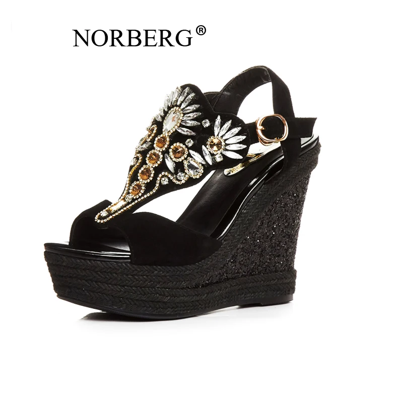 

NORBERG rhinestone wedge sandals women shoes summer 2019 new high-heeled muffin thick bottom bohemian wild fairy wind